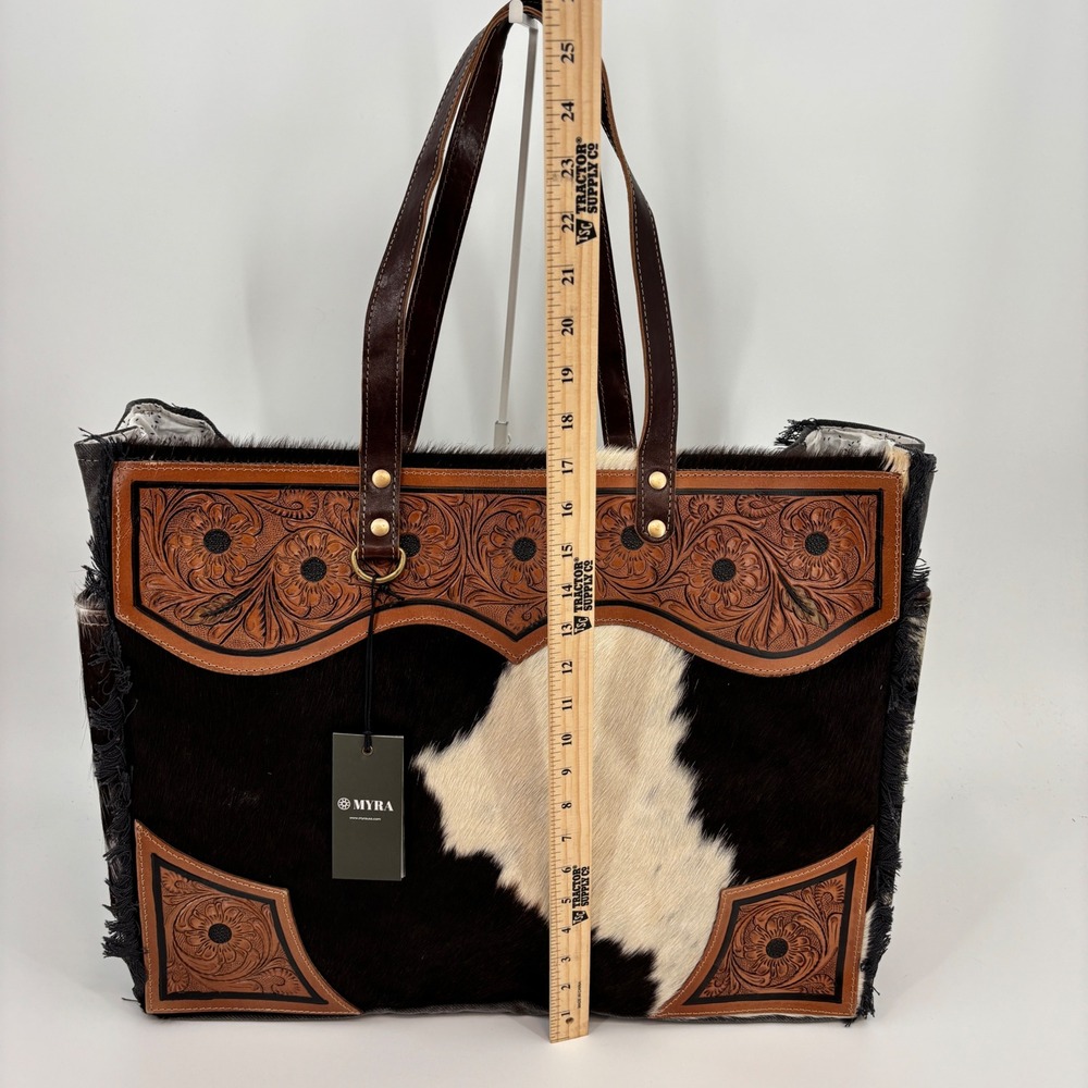 Myra Cartwright Hand-Tooled Bag Weekender Large Black White Cowhide Western Tote - Picture 5 of 12